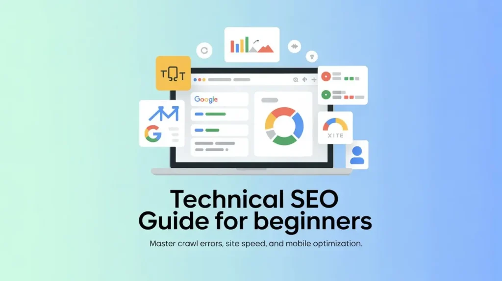 A beginner-friendly technical SEO guide showing Google tools, analytics dashboard, crawl errors, and website performance optimization.
