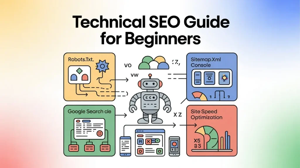 Infographic showing technical SEO workflow including robots.txt, sitemap.xml, Google Search Console, and site speed optimization processes.