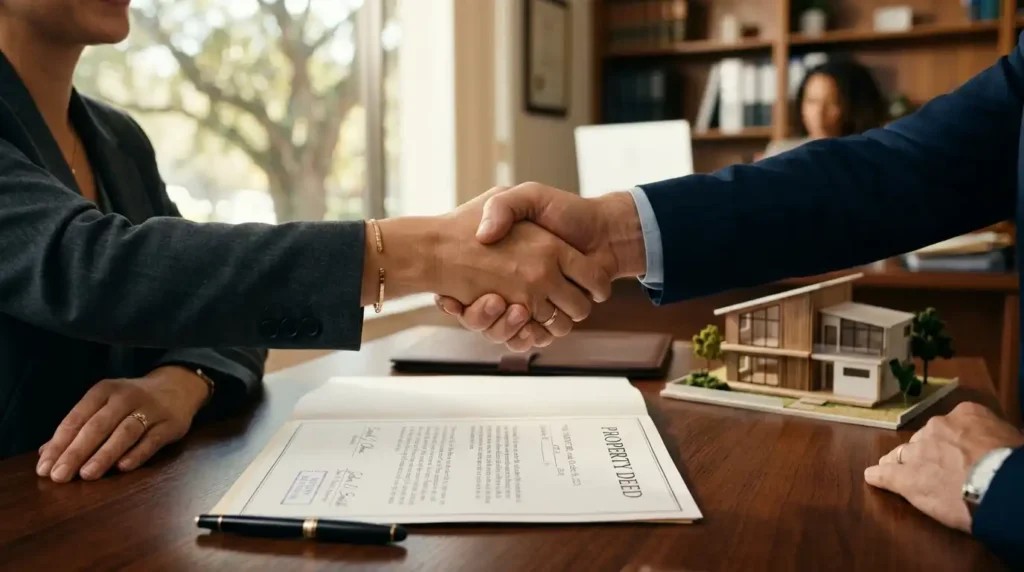 Real estate attorney shaking hands with a client over a signed property deed and model house, representing legal SEO services for real estate law firms
