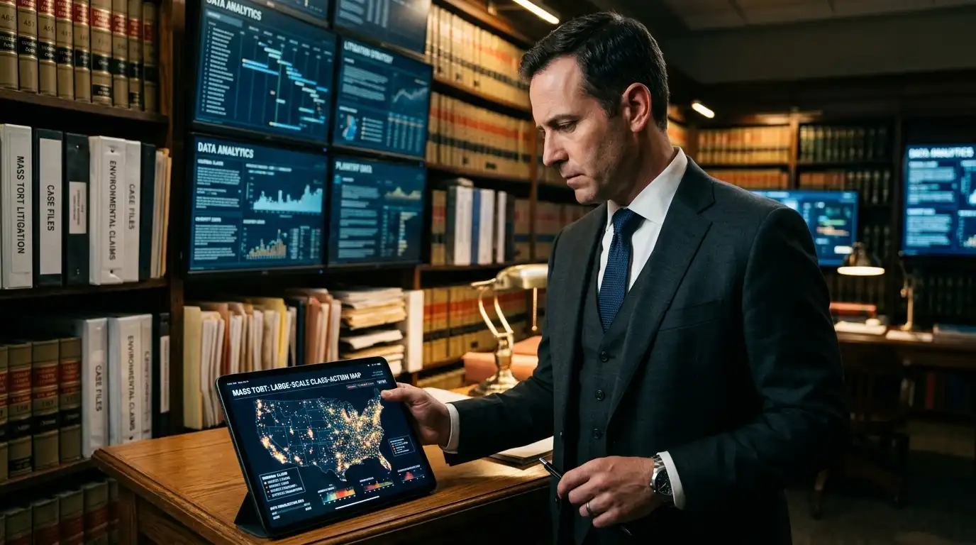 Lawyer reviewing US legal data and digital analytics in a law library
