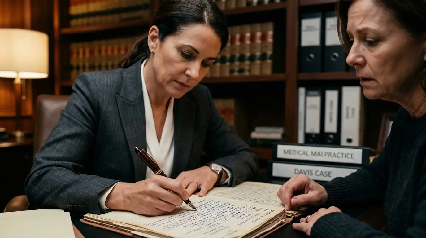 Attorney discussing legal documents with a client in a law office