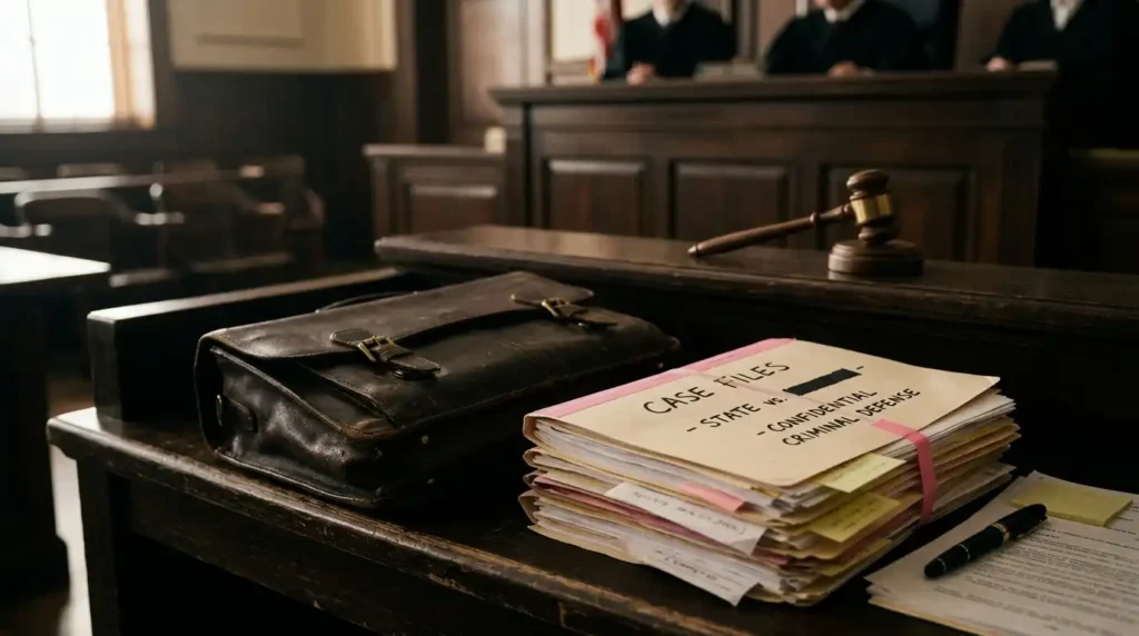 Confidential criminal defense case files and a worn leather briefcase on a courtroom table with a gavel and judge's bench in the background, representing legal SEO services for criminal defense attorneys