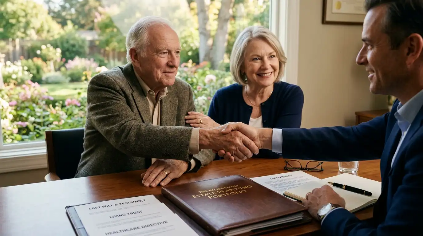 Estate planning attorney meeting with clients reviewing a last will and testament and living trust documents