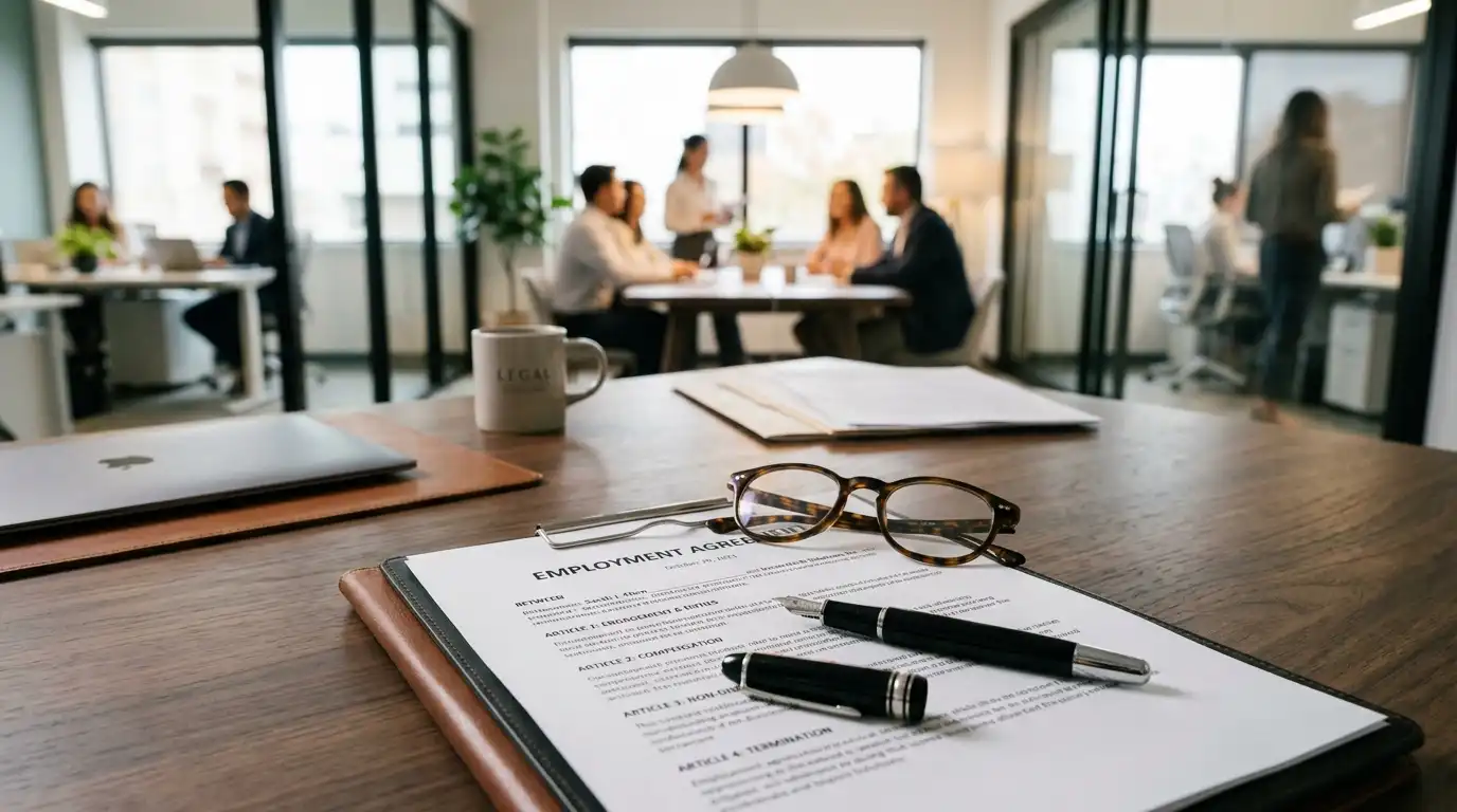 Employment agreement document on a desk in a professional office representing employment law services