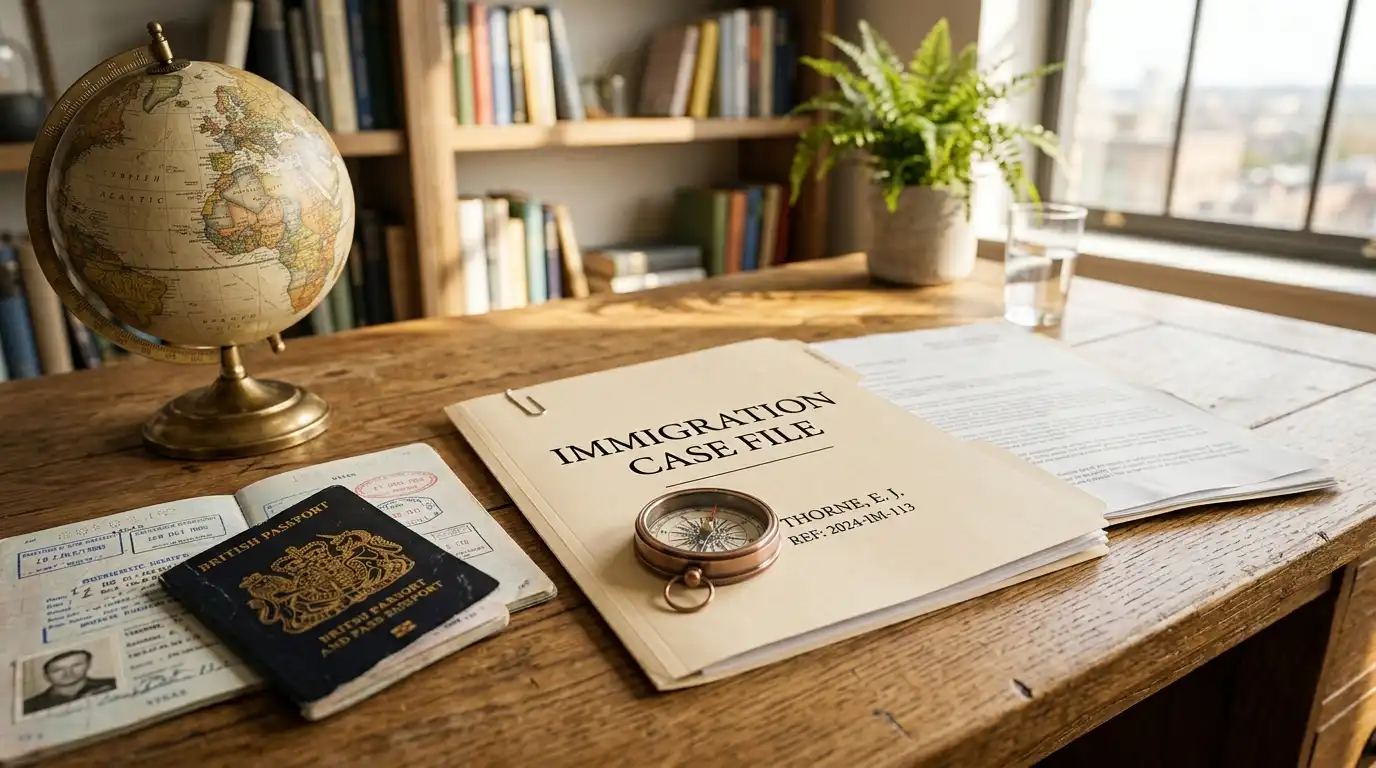 Immigration case file, passport, visa documents, and globe representing U.S. immigration law services