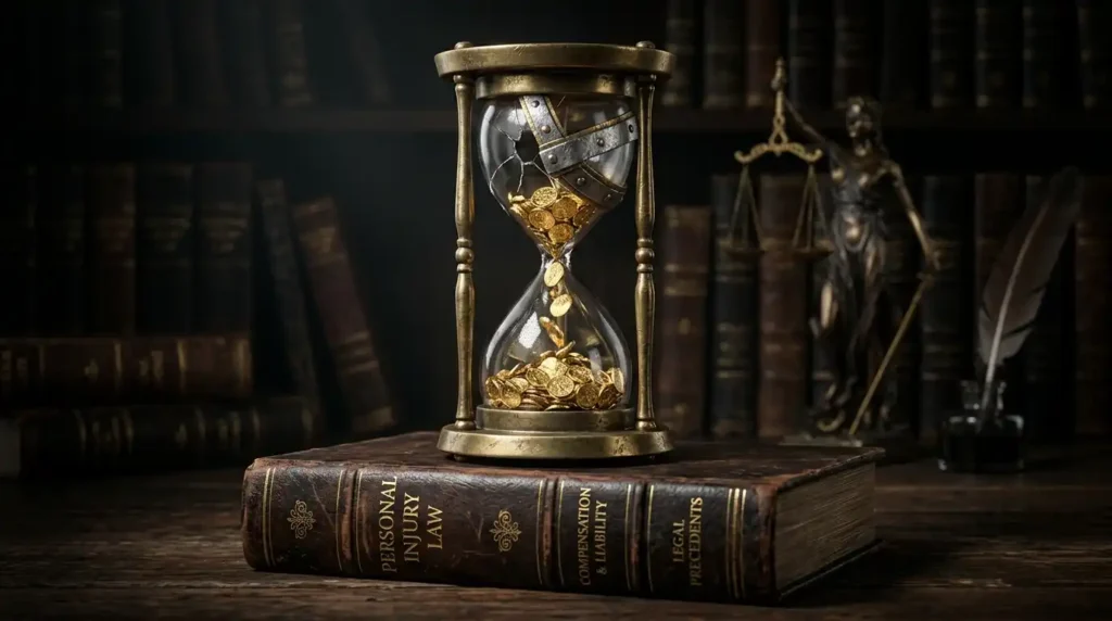 Broken hourglass spilling gold coins onto a leather-bound Personal Injury Law book beside a scales of justice statue, symbolizing time-sensitive compensation claims for personal injury attorneys