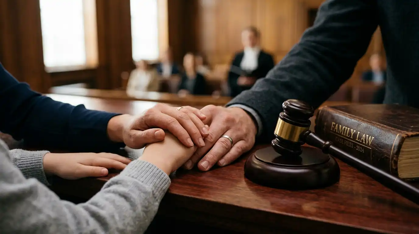 Family meeting with an attorney at a desk with a gavel and family law case file