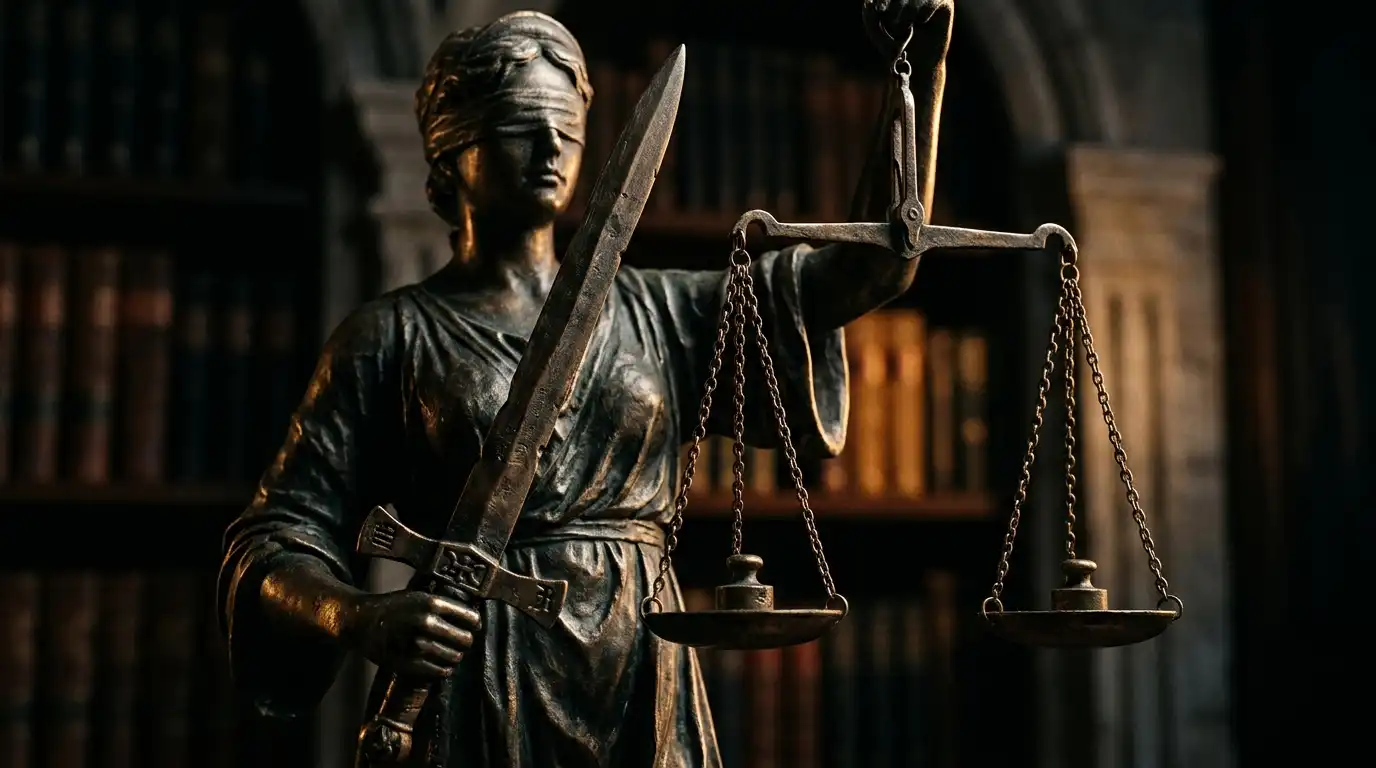 Lady Justice statue holding scales and sword in a law library representing legal services