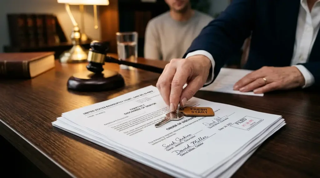 Bankruptcy attorney handing a client keys with a "Fresh Start" tag over a signed Chapter 7 discharge order, representing legal SEO services for bankruptcy law firms