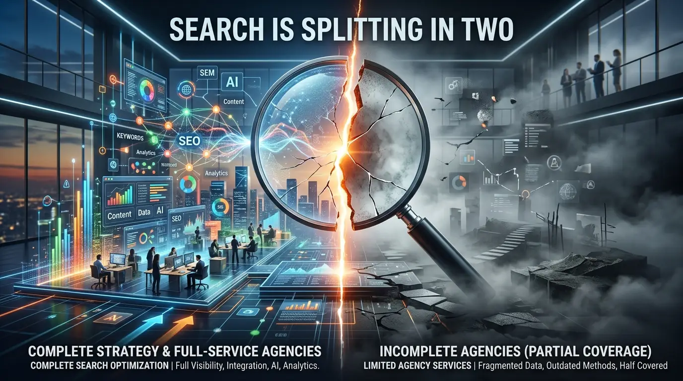 Split visual comparing a connected, data-rich SEO and AI search strategy on one side with a cracked, foggy scene representing fragmented, incomplete agency services on the other