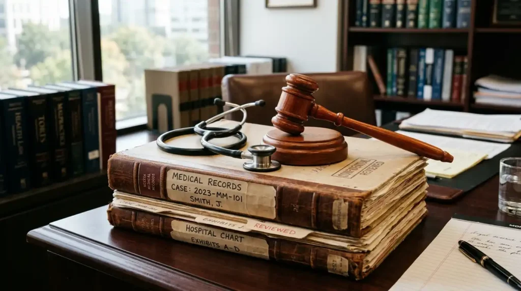 Gavel and stethoscope resting on stacked medical malpractice case files in a law office, representing legal SEO services for medical malpractice attorneys