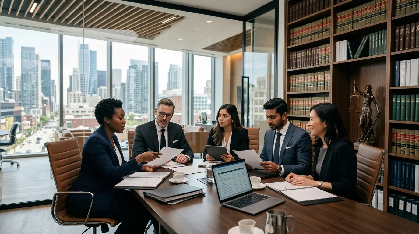 Group of five attorneys in business attire reviewing documents and a tablet during a strategy meeting in a modern law office with a city skyline view