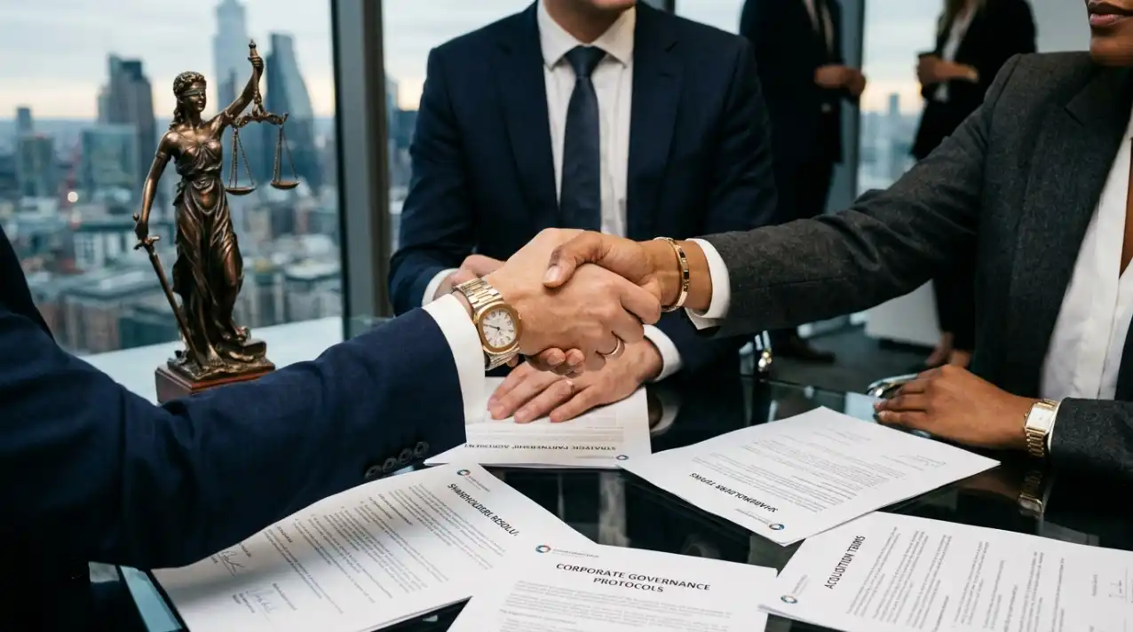 Business attorneys shaking hands over corporate governance and shareholder agreement documents with a justice statue and city skyline in the background, representing legal SEO services for corporate law firms