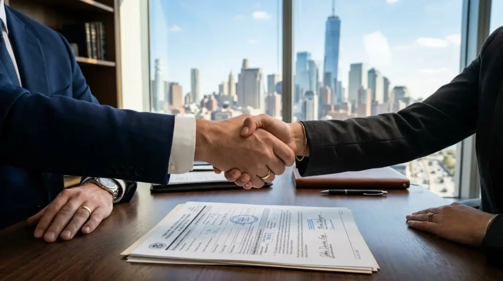 Two business attorneys shaking hands over a signed corporate agreement with a New York City skyline in the background, representing legal SEO services for corporate and business law firms