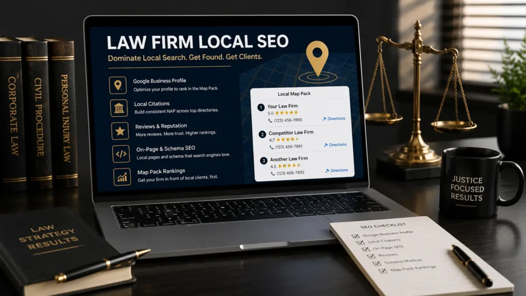 Law firm local SEO strategy showing Google Business Profile, local citations, reviews, schema SEO and Map Pack rankings