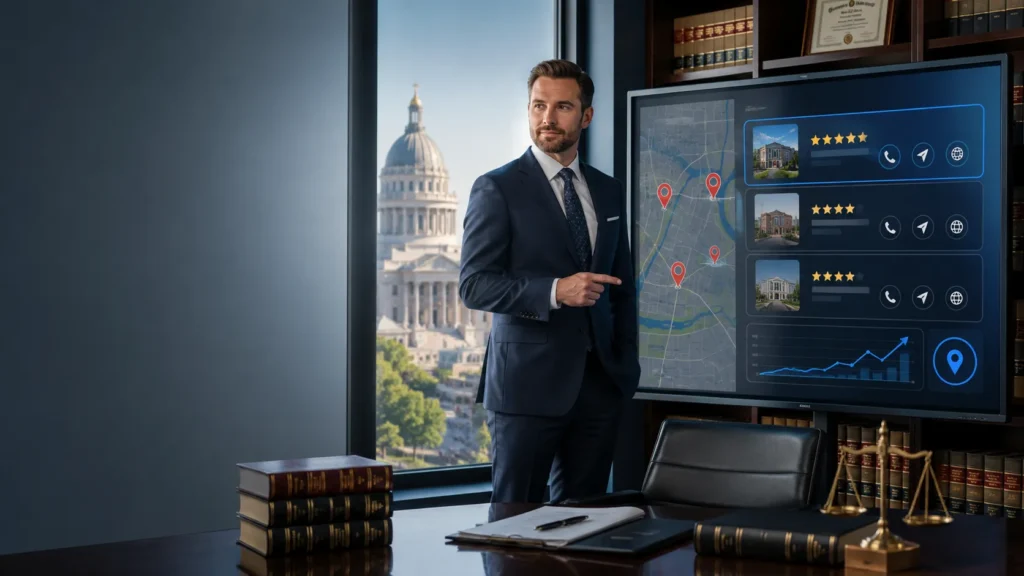 Lawyer reviewing law firm SEO strategy and local search performance on a digital analytics display