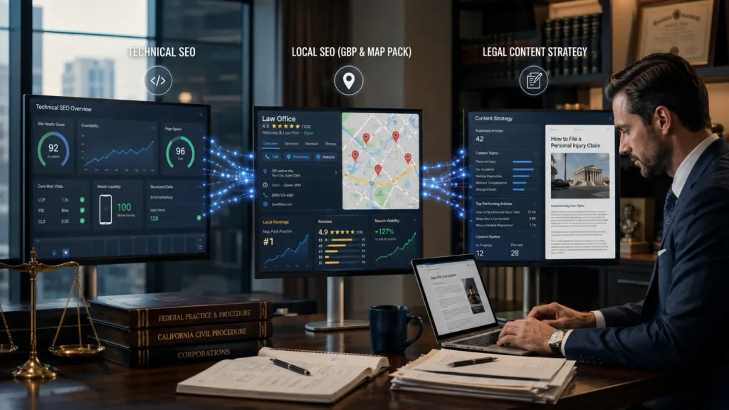 Lawyer reviewing technical SEO, local SEO map pack, and legal content strategy dashboards for a law firm