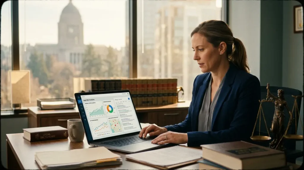 Attorney reviewing legal SEO performance, search rankings, organic traffic, and local search results in a US law office