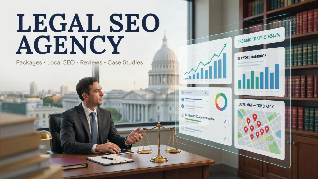Legal SEO agency packages featuring local SEO, keyword rankings, organic traffic, reviews, and case study results