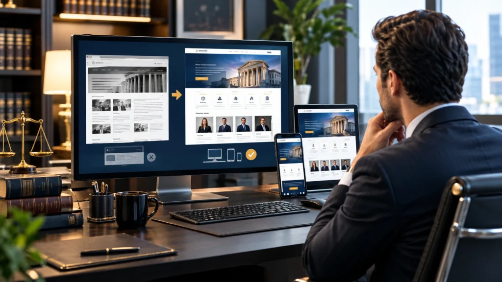 Law firm website redesign showing modern legal website transformation across desktop and mobile devices