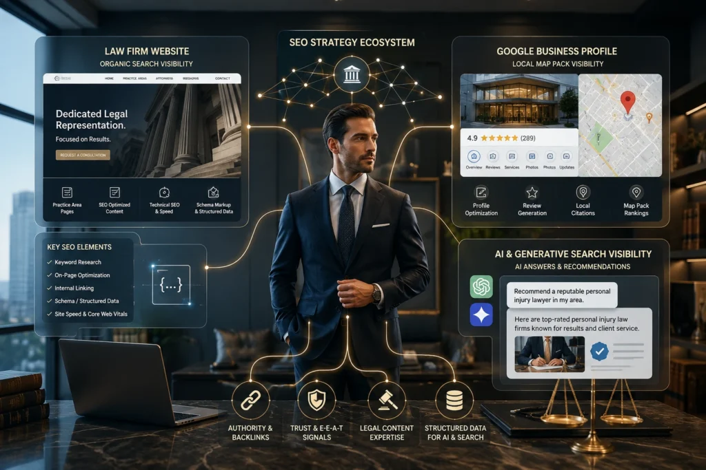 Attorney SEO company strategy connecting a law firm website, Google Business Profile, local search, and AI search visibility