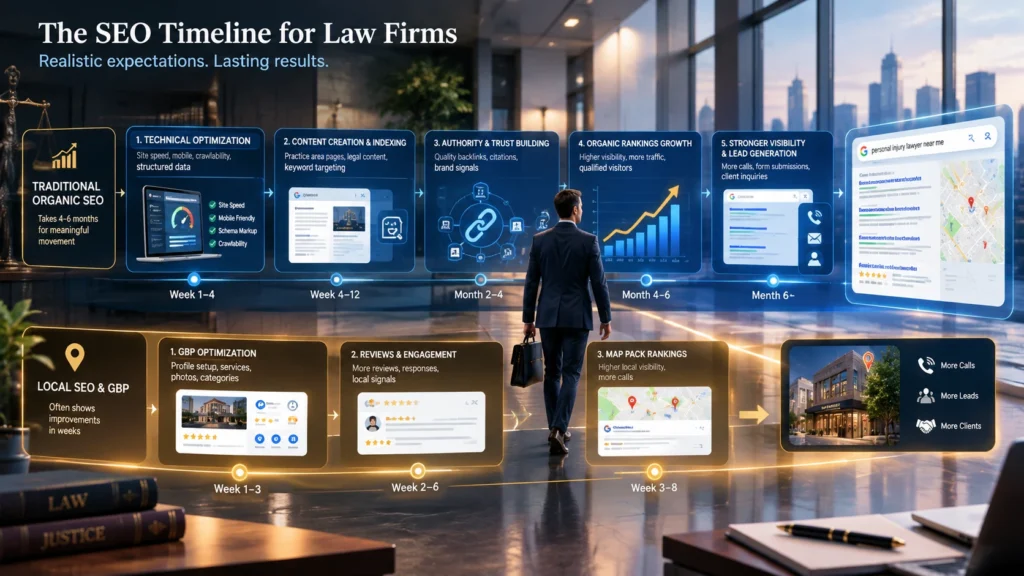Attorney SEO timeline showing law firm organic SEO and local SEO results over time