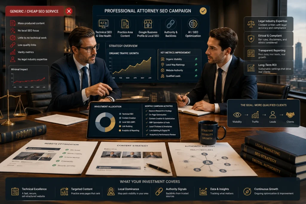 Attorney SEO company costs and law firm SEO investment strategy showing technical SEO, content, GBP optimization, and qualified leads