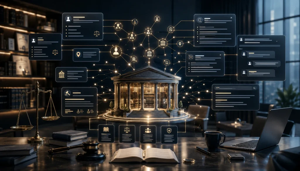 AI search visualization showing how law firm content, legal practice areas, attorney expertise, client questions, FAQs, locations, and authoritative answers connect through entities and structured information to improve visibility in AI-powered search results.