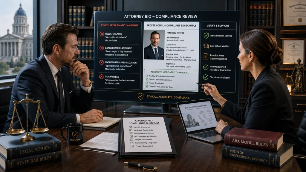 Attorney and legal marketing professional reviewing attorney bio compliance and legal advertising rules