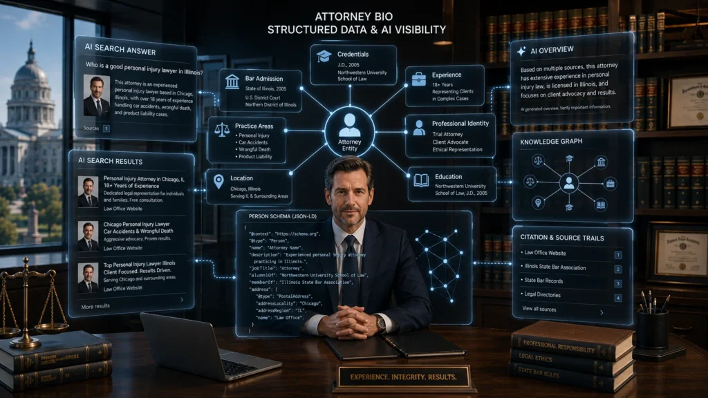 Attorney profile connected to Person schema, AI search results, and structured data