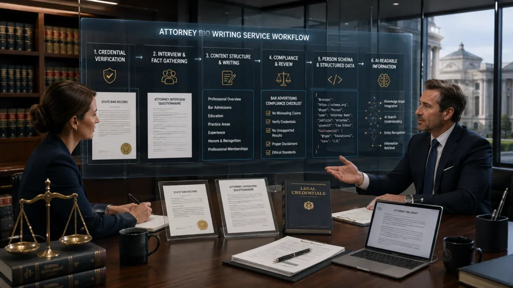 Attorney and legal content specialist reviewing an attorney bio writing service workflow