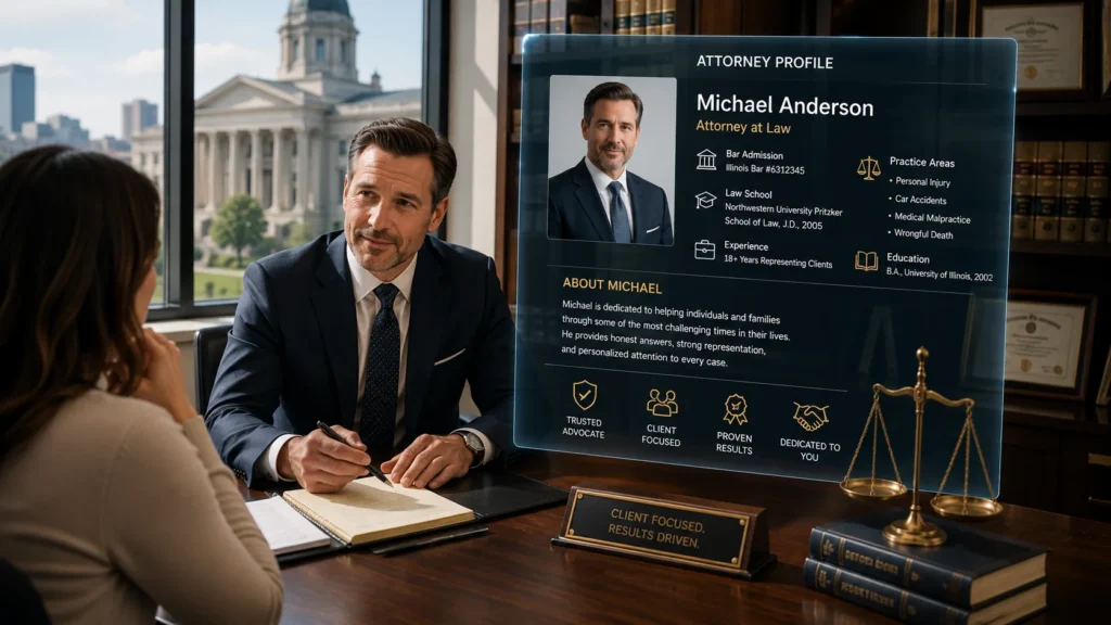Professional attorney consulting with a client in a law office and displaying an attorney profile