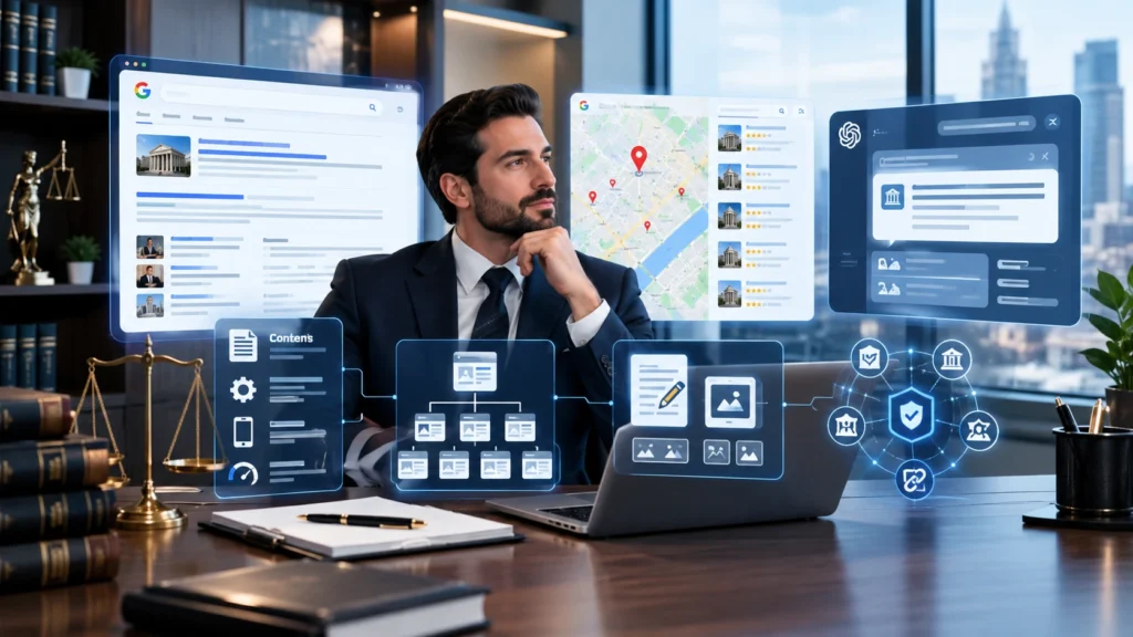 Attorney SEO specialist helping a law firm improve organic search, local Map Pack, and AI search visibility
