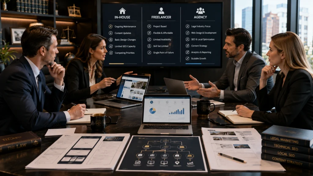 Law firm professionals comparing in-house, freelancer, and agency options for attorney website design and SEO
