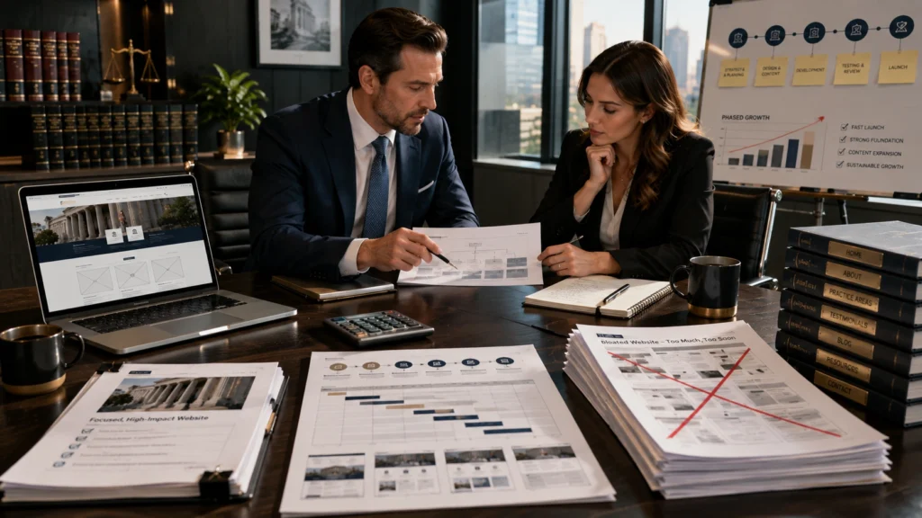 Law firm professionals planning attorney website design scope, budget, content, timeline, and phased website development