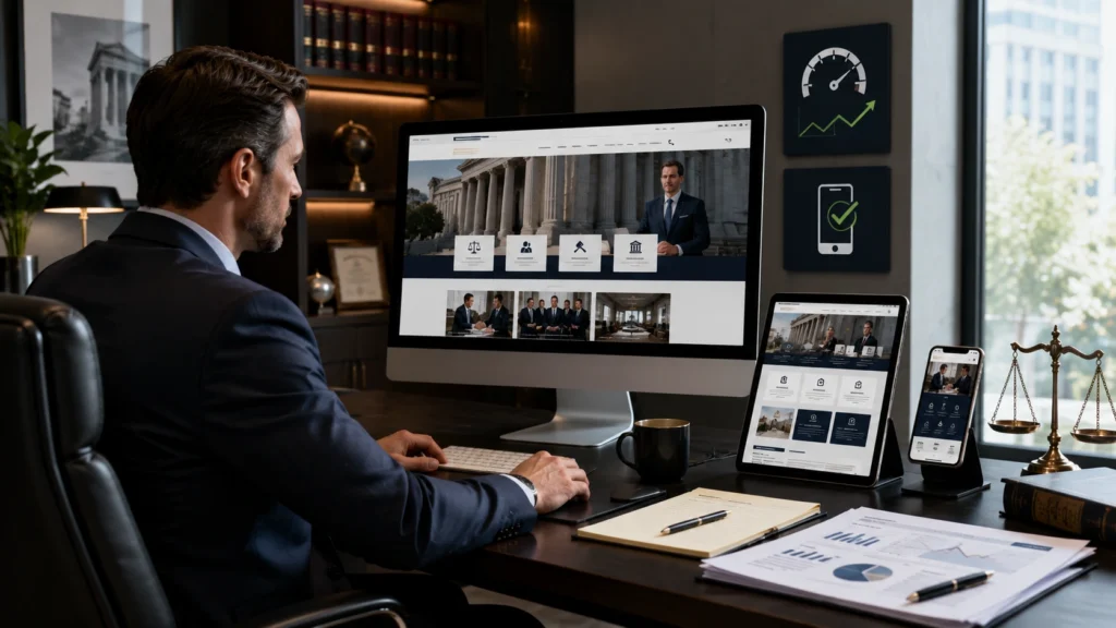 Attorney reviewing a responsive law firm website design on desktop, tablet, and mobile devices