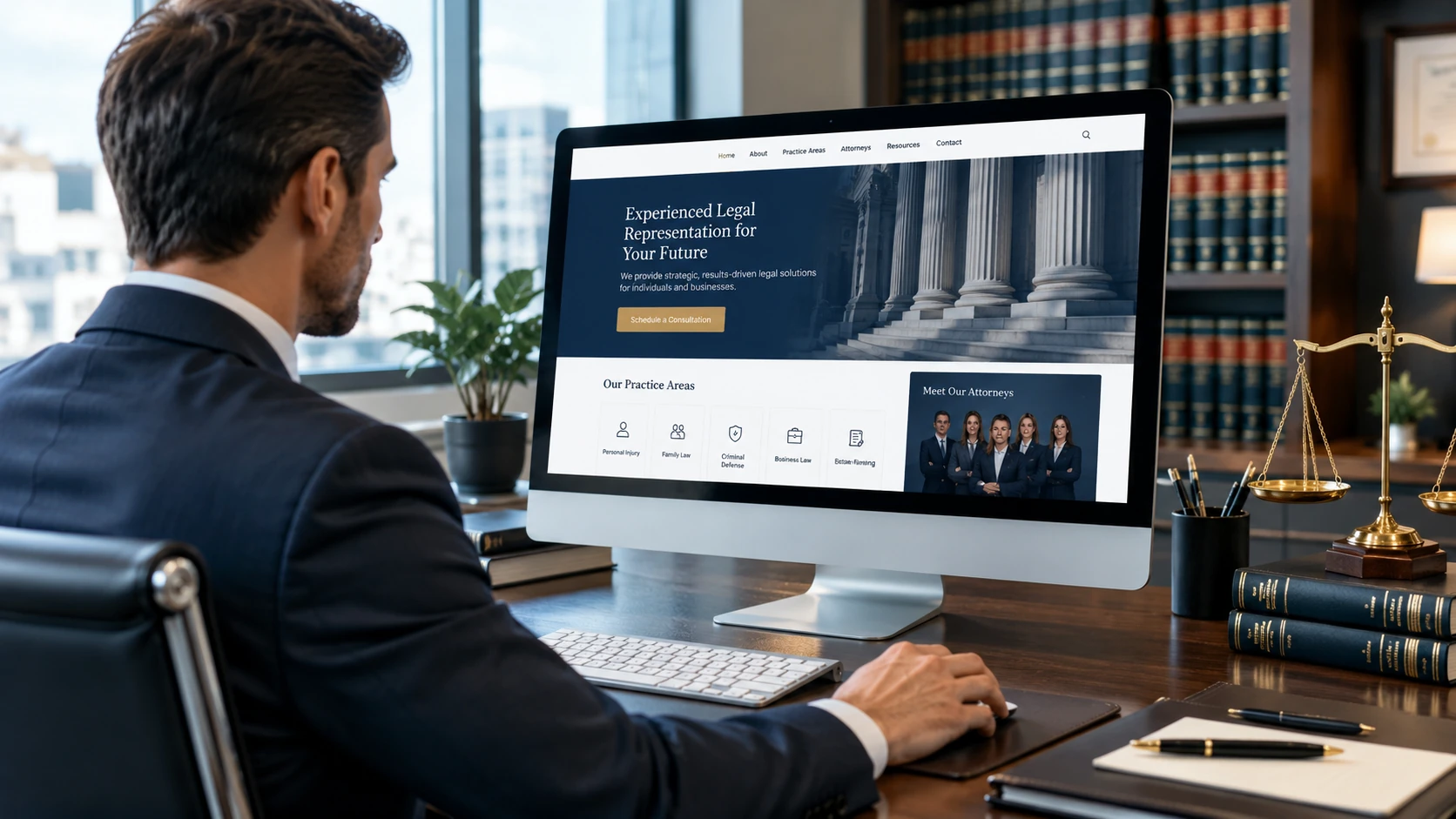Custom law firm website design displayed on a desktop monitor in a modern attorney office