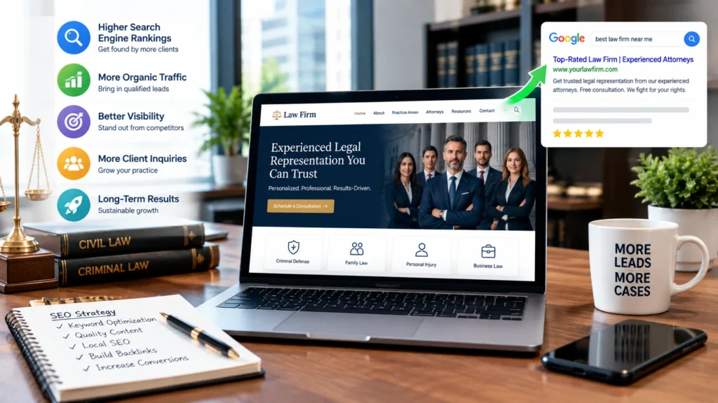 Custom law firm website design optimized for SEO and local search rankings