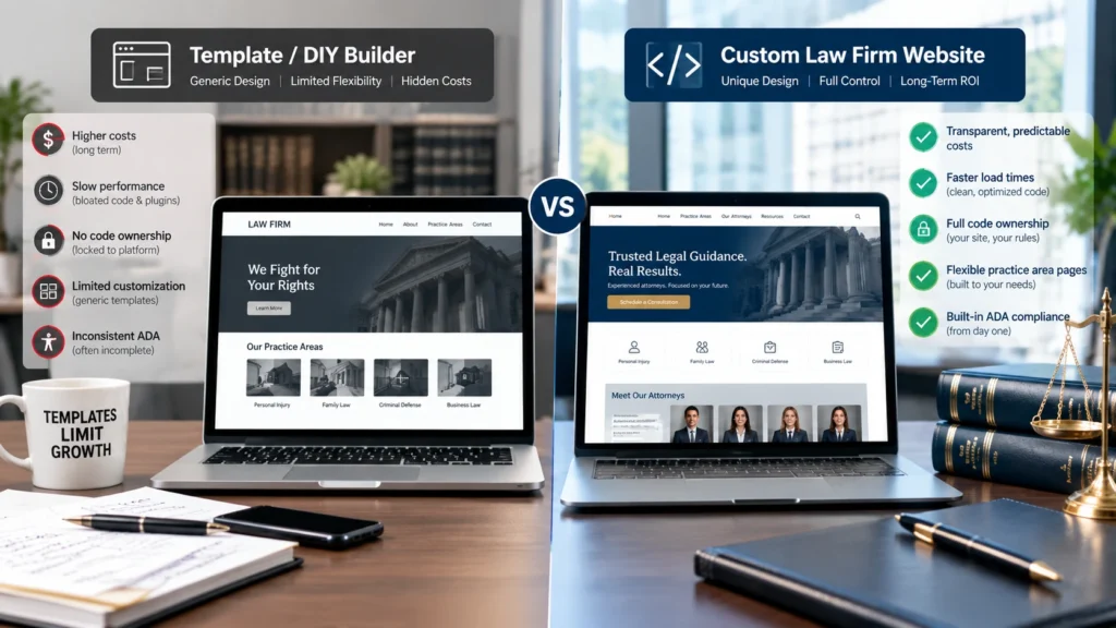 Custom law firm website design compared with a template law firm website for attorneys