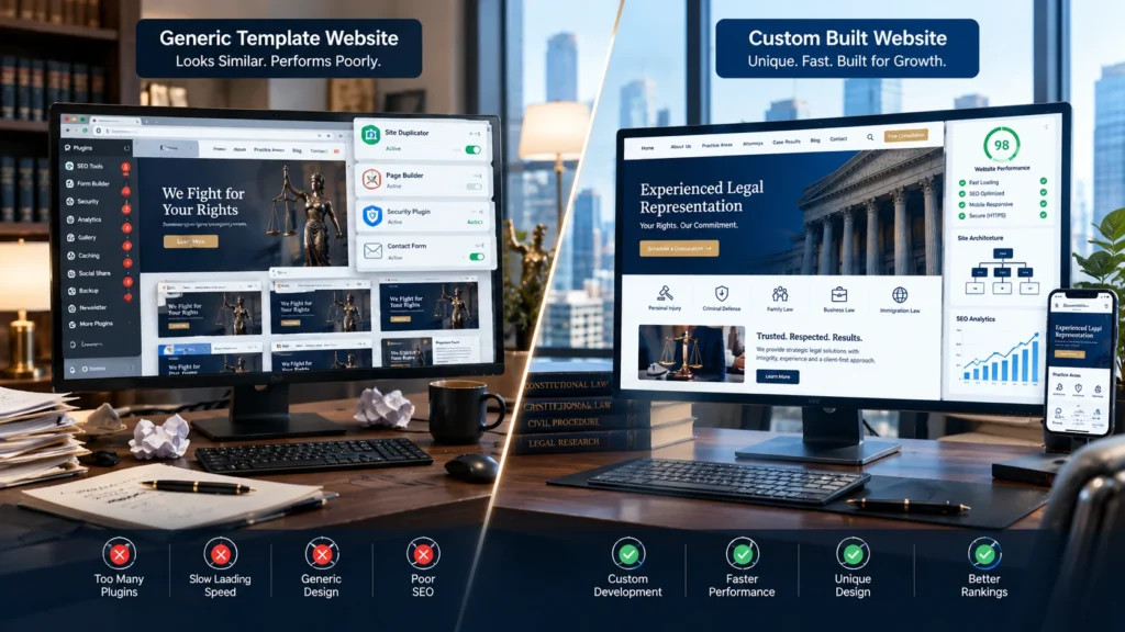 Split-screen comparison of a generic template law firm website with plugin clutter and a custom-built law firm website featuring clean design, responsive layouts, and performance analytics.