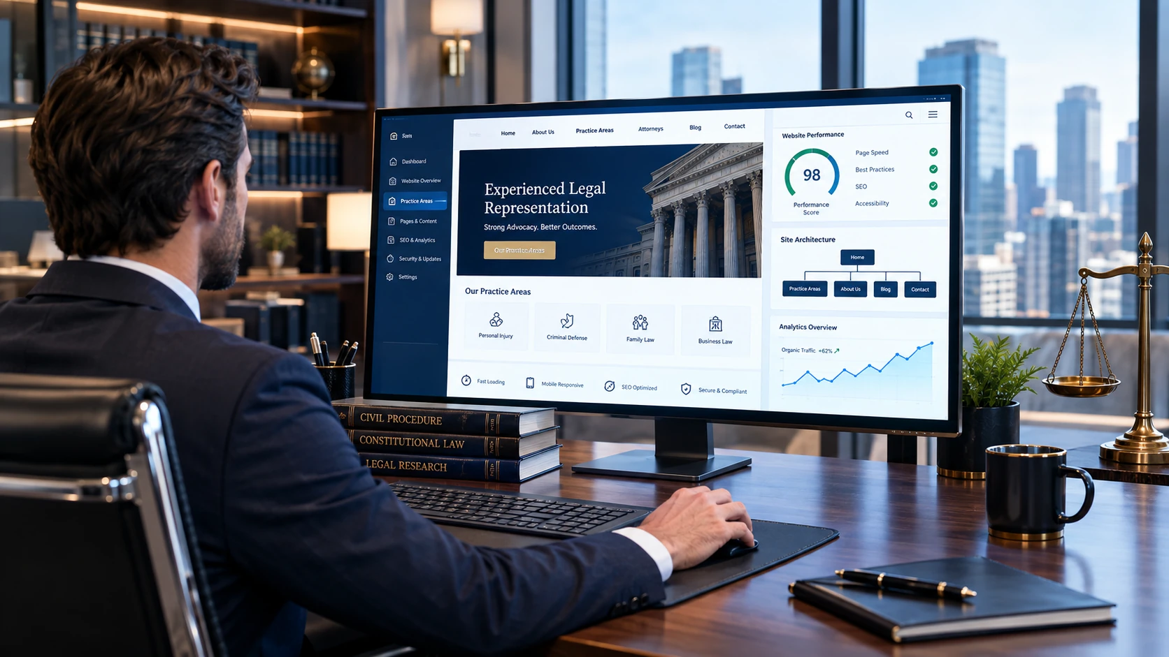 Professional attorney reviewing a custom WordPress law firm website with SEO analytics, practice-area navigation, website performance metrics, and responsive design features in a modern law office.