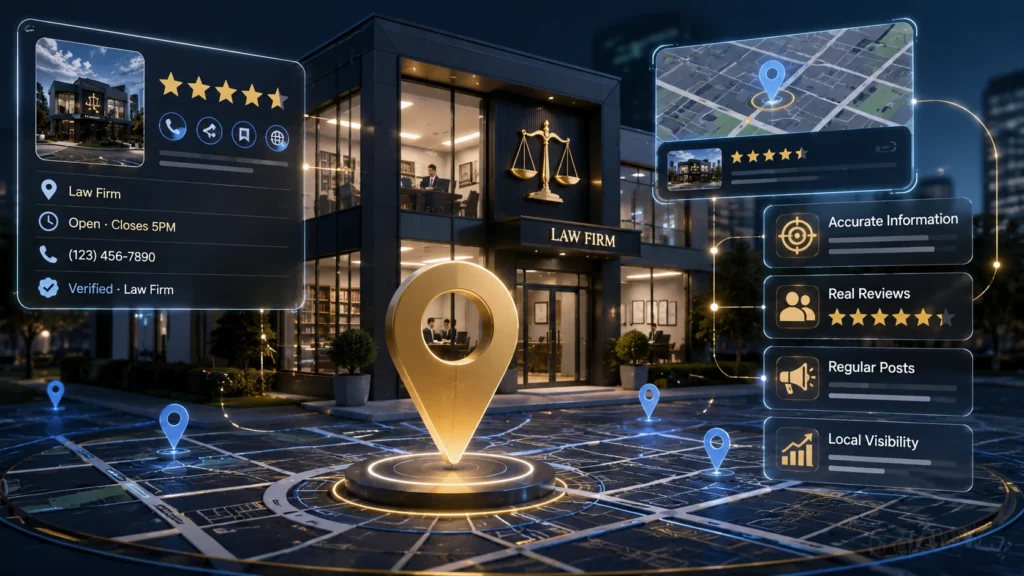 Google Business Profile for lawyers showing law firm local SEO, Google Maps visibility, reviews, and map pack ranking
