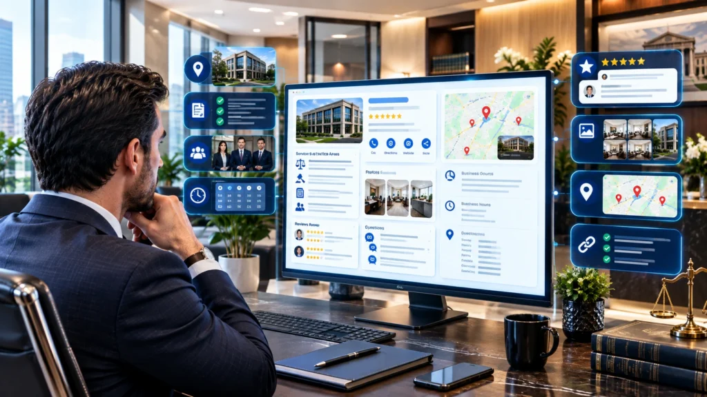 Google Business Profile optimization for a law firm showing reviews, services, photos, location, and business information