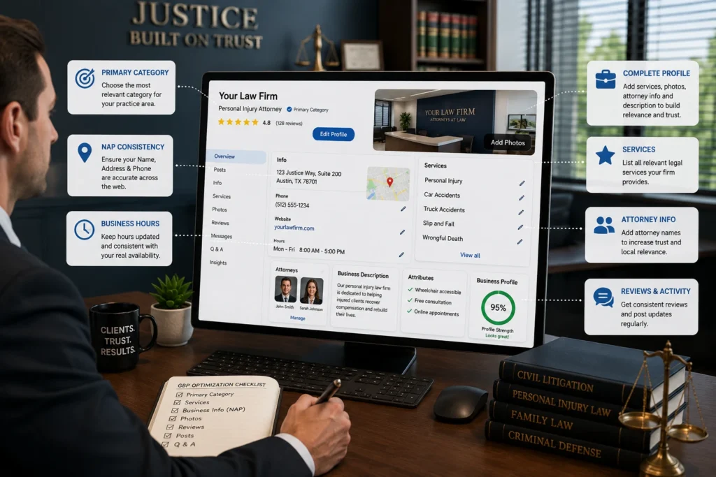 Google Business Profile optimization for law firms showing categories, services, NAP information and profile completeness