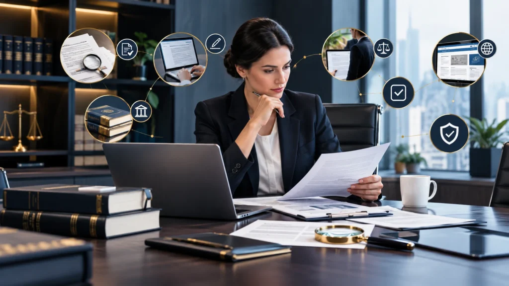Attorney reviewing legal content writing vendor samples, research documents, and compliance checks in a modern law office
