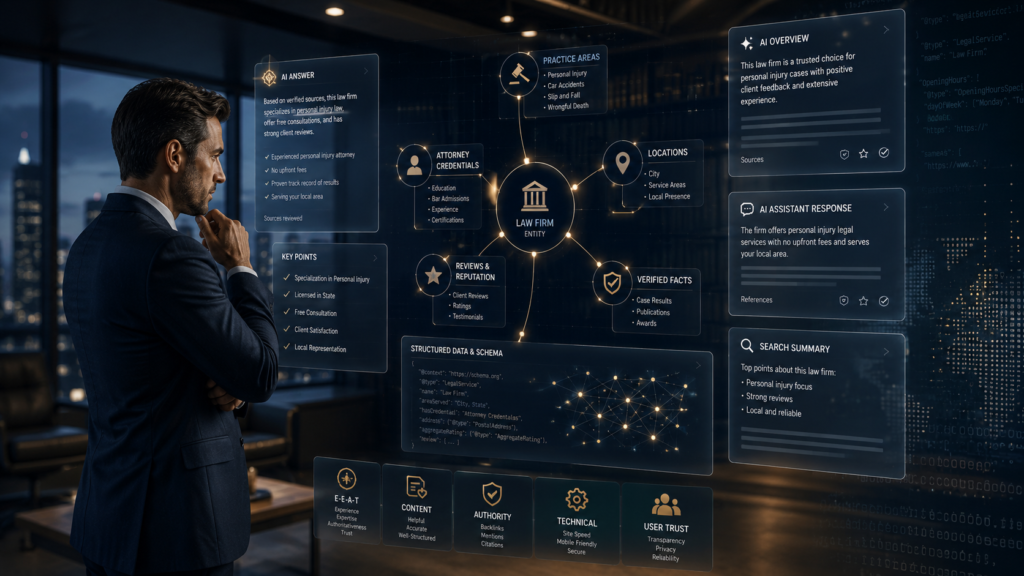 Attorney viewing AI search answers connected to a law firm knowledge graph with schema markup, credentials, practice areas, locations, and verified facts