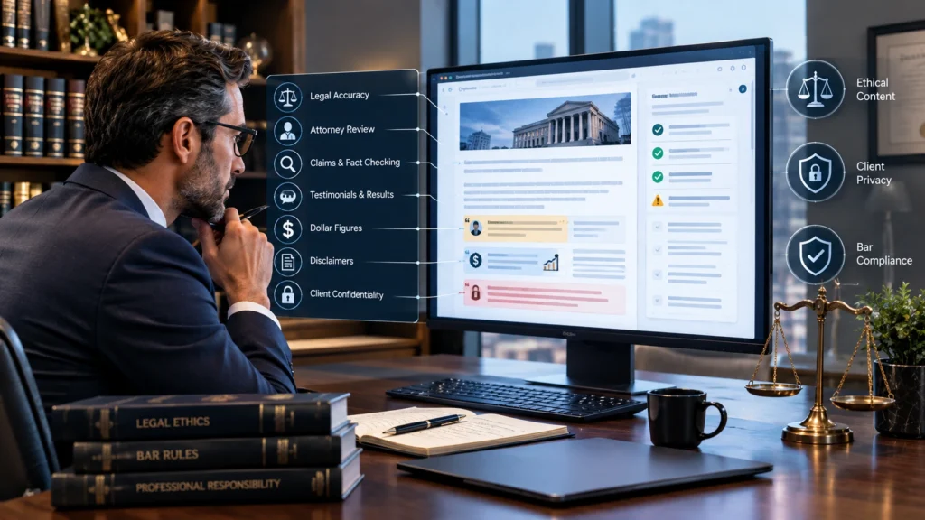 Attorney reviewing law firm blog content for legal accuracy, ethics, compliance, and client confidentiality