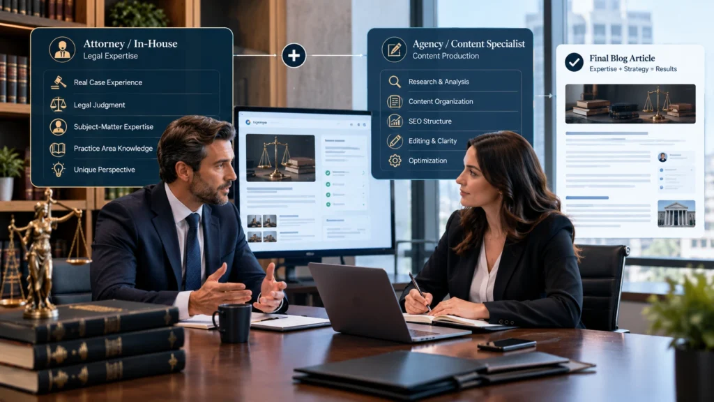 Attorney and content specialist collaborating on SEO-focused law firm blog content