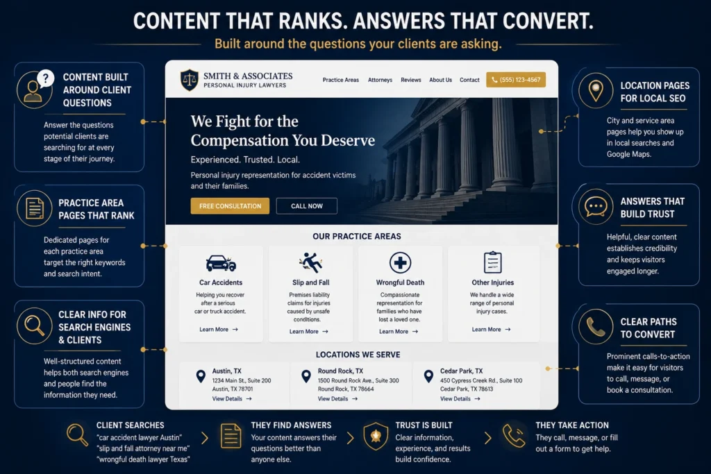 Law firm content strategy showing practice area pages, location pages, and client-focused SEO content