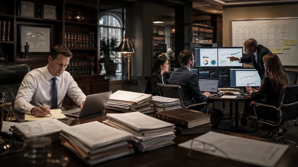 Law firm attorney handling content marketing while a legal marketing team manages SEO and website strategy